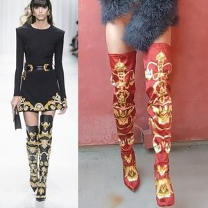 Red Gold Embroidered Over-the-Knee Women's Boots